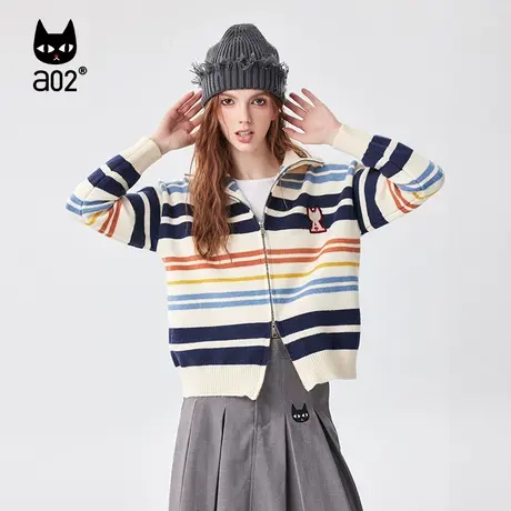 【呼呼严选专享】a02撞色针织开衫女2023秋复古条纹毛衣外套图片