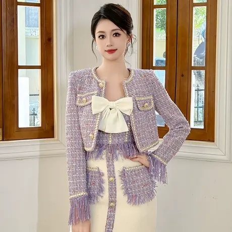 今年流行小香风外套女秋冬小个子圆领漂亮气质长袖流苏粗花呢上衣图片