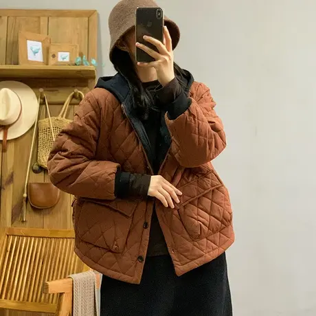 dza 复古拼接菱格连帽棉服外套女冬加厚外穿上衣宽松显瘦口袋棉衣商品大图