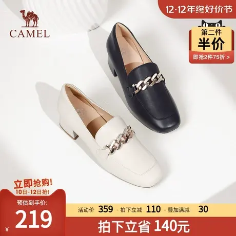 骆驼女鞋2024春季新款英伦风小皮鞋真皮粗跟女单鞋一脚蹬乐福鞋女图片