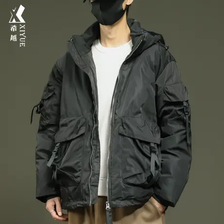希越潮牌工装冲锋衣连帽羽绒服男冬季新款宽松大码男士机车服外套图片