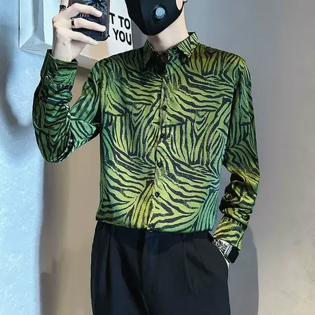 2023秋季韩版修身不规则花色痞帅发型师长袖衬衫个性INS潮牌衬衣商品大图