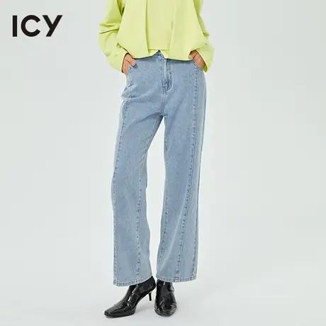 icy女装春秋新款街头设计小众休闲阔腿直筒纯棉水洗牛仔裤女图片