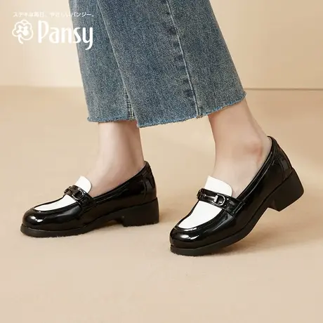 Pansy盼喜日本女鞋休闲轻便舒适坡跟黑色乐福鞋一脚蹬通勤春款图片