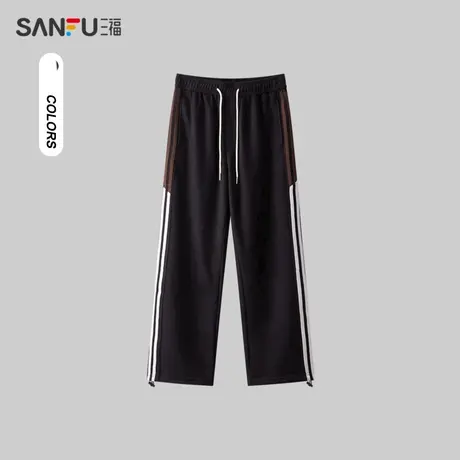 三福2024春季男士双色杠条休闲裤 复古运动风宽松直筒裤481012图片