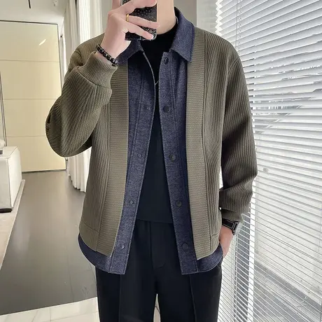 轻熟风拼接假两件翻领外套男春秋季2024新款ins潮牌休闲夹克上衣商品大图