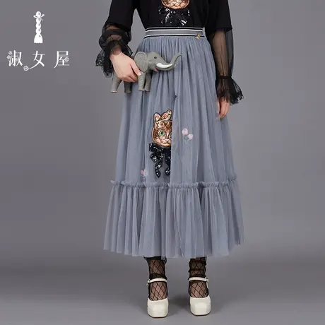淑女屋官网正品冬季女猫小姐高腰网纱半裙图片