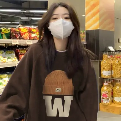 网红ins潮牌圆领卫衣女春季韩版宽松显瘦无帽上衣外套2024年新款商品大图