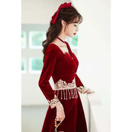 长袖敬酒服新娘2023新款大气冬季丝绒中式结婚订婚回门礼服酒红色商品大图