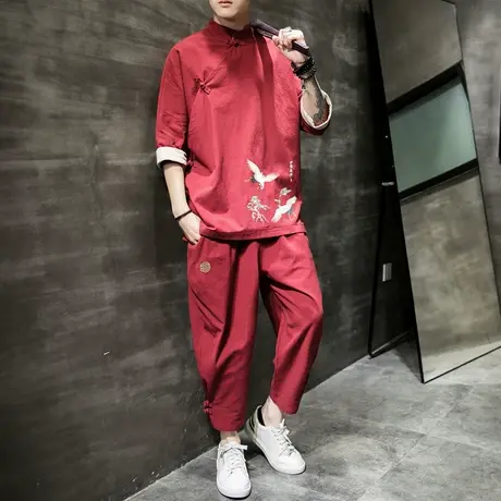 夏季唐装男套装棉麻短袖衬衫亚麻七分裤盘扣仙鹤刺绣中国风男装潮图片