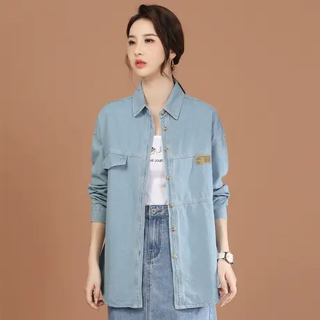 韩潮袭人韩版中长款长袖衬衣2024春季新款女士牛仔衬衫上衣设计感图片