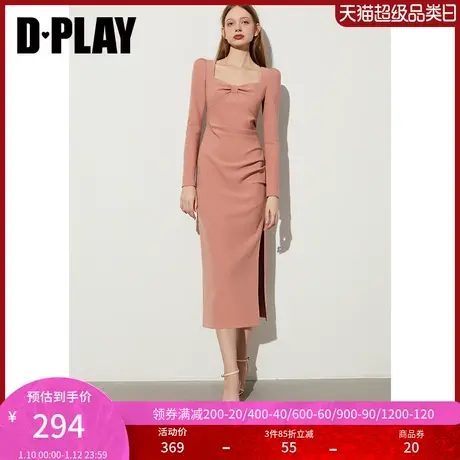 DPLAY春法式风橘粉色宫廷领修身胸部蝴蝶结造型亲肤弹力连衣裙女商品大图