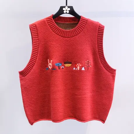 日系卡通刺绣红色马甲女冬季2023新款宽松学院风减龄洋气针织背心商品大图