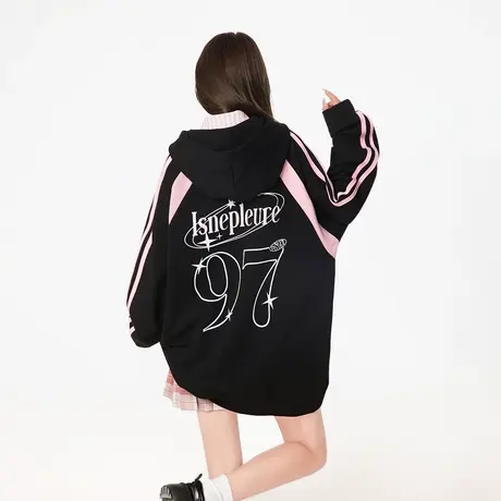 复古潮牌拼接印花连帽卫衣女春秋2024新款宽松oversize情侣装外套商品大图