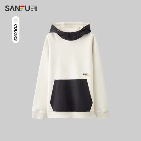 三福2024春季男士潮流拼色卫衣 时尚休闲落肩连帽上衣男482538商品大图