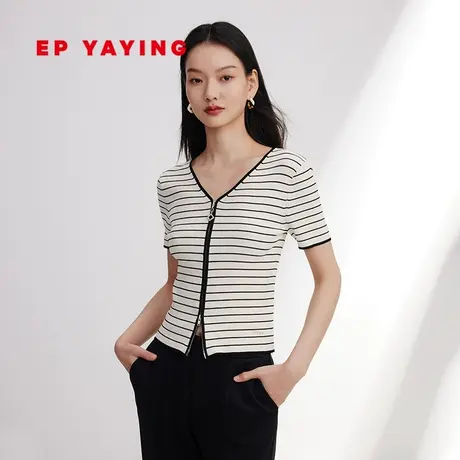 EP YAYING雅莹女装 条纹V领短袖拉链针织开衫 2024早春新品9135A图片