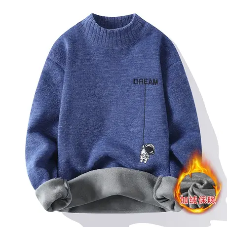 加绒加厚毛衣男士冬装线衣保暖内衣潮流个性刺绣半高领打底针织衫商品大图