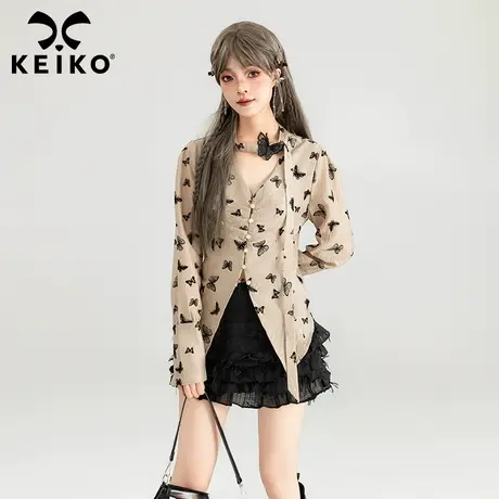 KEIKO 法式复古植绒蝴蝶印花衬衫女2024春夏性感V领飘带雪纺上衣商品大图