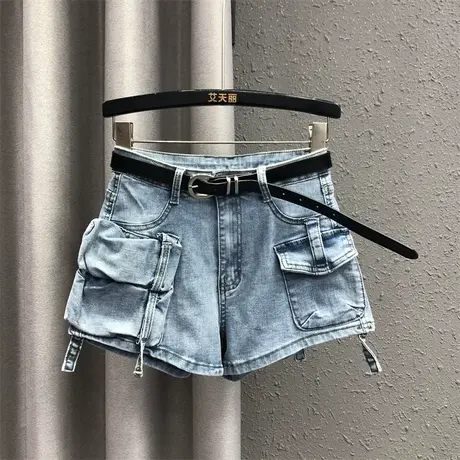 欧货阔腿裤女2024春夏新款蓝色个性口袋气质高腰显瘦百搭牛仔短裤图片