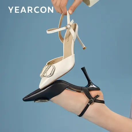 意尔康尖头包头凉鞋女2023年夏款小清新细跟女单鞋真皮后空高跟鞋图片