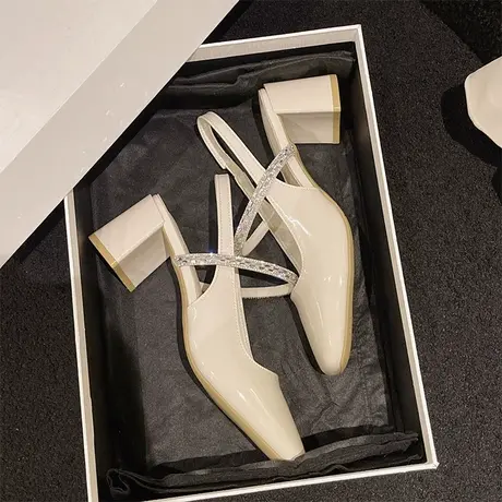 法式玛丽珍高跟鞋女2024新款春季女鞋绝美水钻配裙子粗跟包头凉鞋商品大图