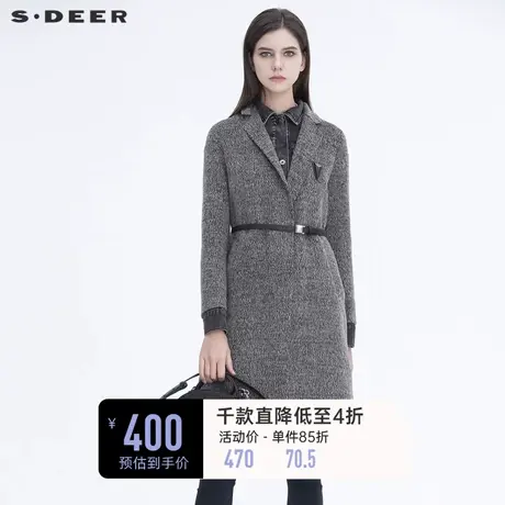 sdeer圣迪奥女装时尚牛仔拼接收腰假两件长款毛呢大衣S20481802图片