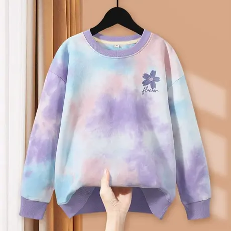 圆领卫衣女春秋款无帽紫色女装2023秋季新款扎染女款秋装薄款上衣商品大图