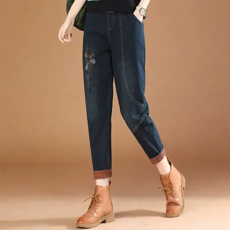 韩潮袭人松紧腰显瘦刺绣牛仔裤女2023秋季新款休闲百搭哈伦裤子商品大图
