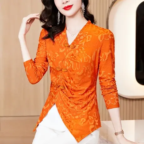 不规则V领打底衫女春秋新款时尚独特别致上衣提花长袖百搭洋气t恤图片