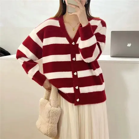 2023秋季新款v领针织开衫外套女条纹高级感软糯毛衣外搭春秋上衣商品大图