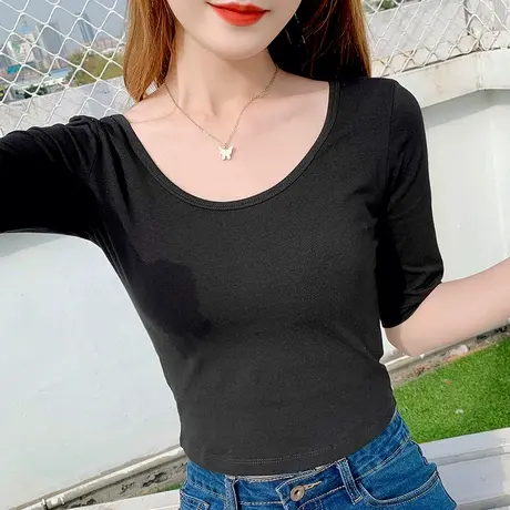 纯棉双u领中袖t恤女春夏五分短袖露脐修身性感露背黑色短款潮体恤商品大图