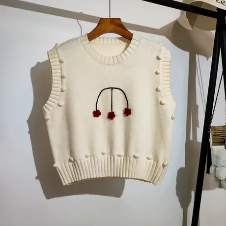 学院风针织马甲女秋冬新款宽松圆领叠穿可爱立体花朵内搭背心上衣商品大图