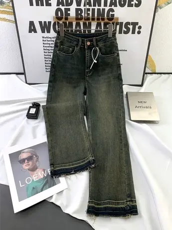 复古做旧韩版牛仔直筒裤2023秋新款显瘦百搭小个子高腰弹力九分裤商品大图