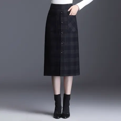 单排扣格子半身裙女2023新款大码显瘦包臀裙中长款秋冬通勤一步裙图片