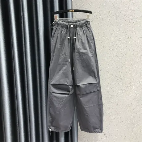 欧货松紧腰时尚抽绳休闲阔腿裤女2023秋季新款百搭宽松显瘦直筒裤图片