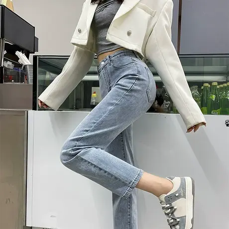 浅色八分直筒牛仔裤女秋季2023年新款高腰显瘦小个子九分烟管裤子商品大图