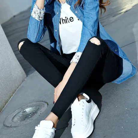 2023春秋季破洞打底裤外穿女裤韩版高腰黑色小脚裤九分铅笔长裤薄商品大图