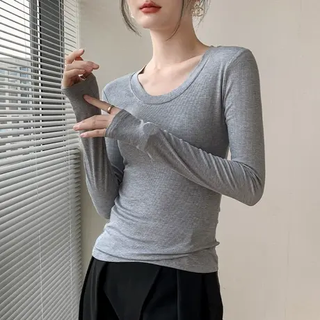 低圆领长袖针织衫女2023早秋新品西装内搭纯色百搭正肩弹力打底衫商品大图