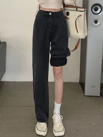 清仓黑灰色高腰牛仔裤女2023春夏新款小个子显瘦直筒阔腿裤商品大图