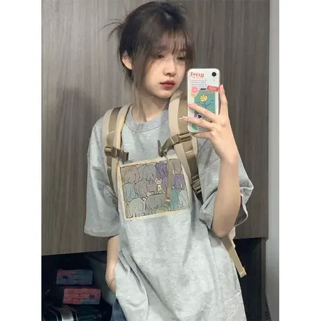 纯棉设计感小众短袖t恤女2023夏季新款ins潮牌宽松大码半袖上衣服图片