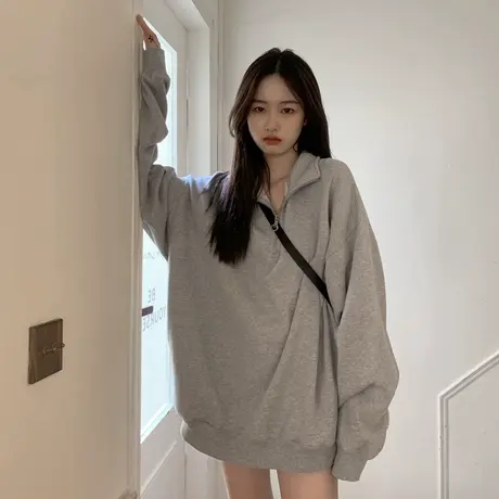 古着polo领半拉链卫衣女春秋薄款宽松慵懒风美式复古纯色早秋上衣图片