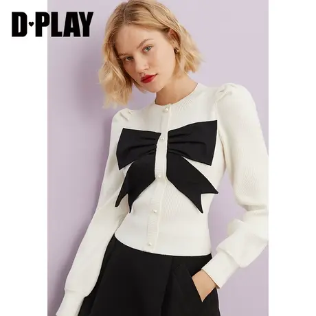 DPLAY年秋装新白色甜美撞色立体大蝴蝶结装饰毛衫灯笼袖针织衫图片