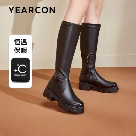 意尔康不过膝长筒靴女冬款厚底骑士靴显瘦小个子高筒靴子真皮短靴商品大图