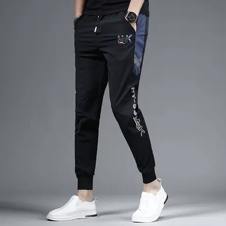 夏季新款冰丝九分休闲裤男黑色潮牌烫印修身束脚男士弹力薄款裤子商品大图