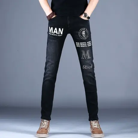 2023新款百搭牛仔裤男款黑色烫钻印花修身小脚裤子时尚奢侈品牌潮商品大图