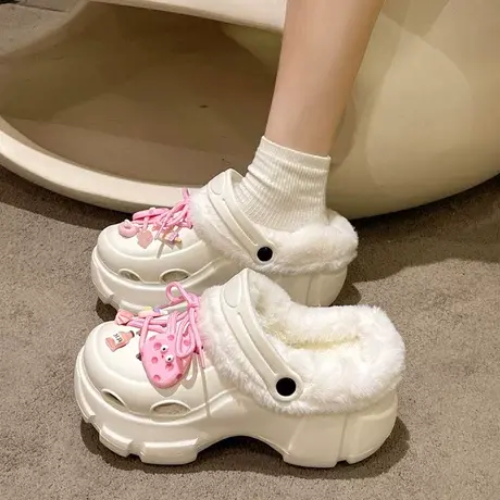 厚底加绒洞洞鞋女士外穿2023秋冬新款可爱百搭舒适包头毛毛棉拖鞋商品大图