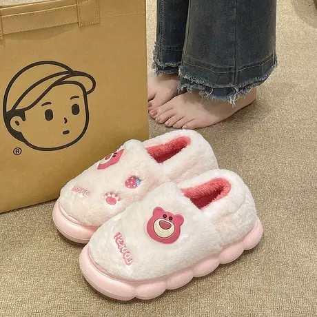 厚底棉拖鞋女冬季外穿卡通可爱小熊室内居家防滑保暖毛绒包跟棉鞋商品大图