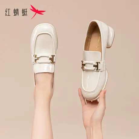 红蜻蜓漆皮乐福鞋女2023新款黑色小皮鞋通勤女鞋春季软底中跟单鞋商品大图
