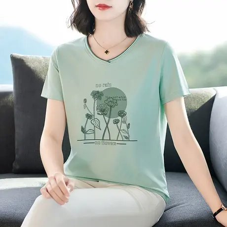 夏款新品短袖V领T恤衫重工艺刺绣民族风中年妈妈装宽松大码女装潮图片