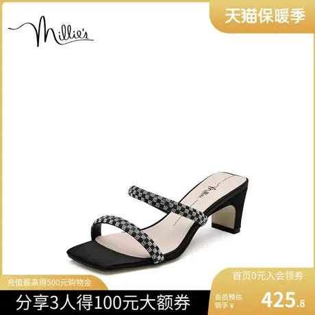 millie's/妙丽羊京绒烫钻一字带时尚通勤粗高跟女凉拖鞋13-16BT2图片